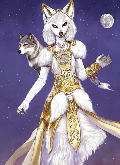 Image similar to commissioned full body portrait of a female anthro wolf princess fursona with a furry wolf head and white hair wearing a white and gold Japanese armored dress in a white and gold palace on a starry night with a large crescent moon, by a professional manga illustrator, Stanley Artgerm Lau, WLOP, Rossdraws, James Jean, Andrei Riabovitchev, Marc Simonetti, and Sakimichan, trending on artstation