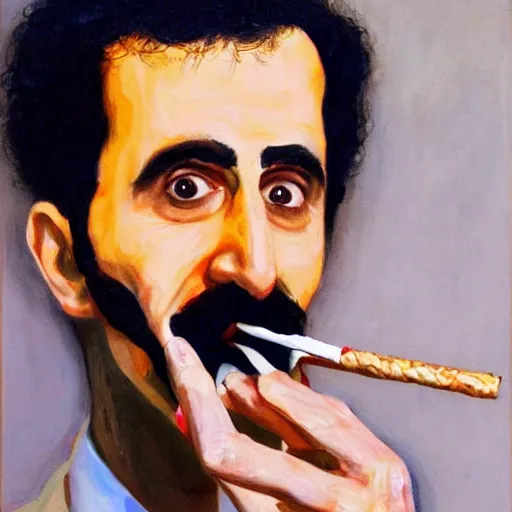 Prompt: A portrait of borat sagdiyev smoking a rolled marijuana joint, 8k, hyper realistic