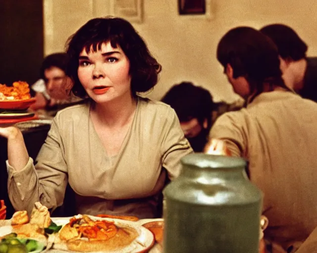 Prompt: 1 9 7 9 a soviet movie still a bjork sitting at a table with a plate of food in dark warm light, a character portrait by nadya rusheva, perfect symmetric coherent face, perfect symmetric eyes, featured on cg society, neo - fauvism, movie still, 8 k, fauvism, cinestill, bokeh, gelios lens