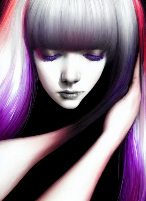 Image similar to portrait of teenage girl with white bangs, red irises, bangs, black and white hair, purple clothes, white bangs, two color hair, black hair and white bangs, intricate, elegant, glowing lights, highly detailed, digital painting, artstation, concept art, smooth, sharp focus, illustration, art by wlop, mars ravelo and greg rutkowski