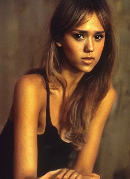 Image similar to vintage film still from Italy in 1971 Greek goddess Jessica Alba as a 20 year old dressed in a black tank-top is staring in amusement at you. soft detailed painting at 16K resolution and amazingly epic visuals. epically beautiful image. amazing effect, image looks gorgeously crisp as far as it's visual fidelity goes, absolutely outstanding. vivid clarity. ultra detail. iridescent. mind-breaking. mega-beautiful pencil shadowing. beautiful face. Ultra High Definition. soft shading. soft texture. intensely beautiful.