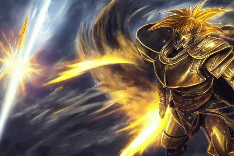 Image similar to an ultra detailed portrait of saladin as a shonen anime protagonist charging into battle wearing bright gold armor and huge flaming longsword blessed by god, epic anime fantasy, 8 k, volumetric lighting, smooth, highly detailed, digital illustration, art by kentaro miura and akira toriyama and artgerm