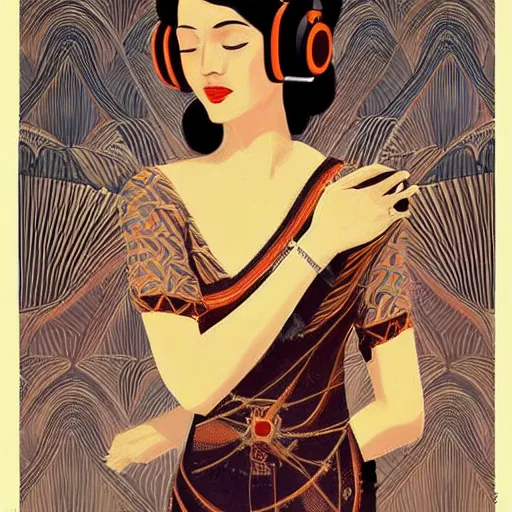 Image similar to intricate, amazing, art deco, retro vintage and romanticism, painting by natelle quek, soft color palette, highly detailed, godess with headphones from space sci - fi of ancient religion