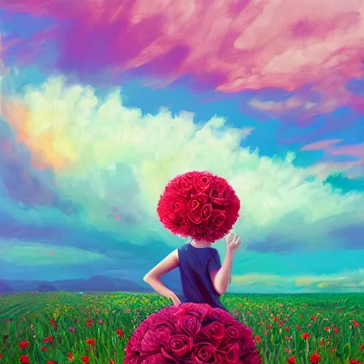 Image similar to giant rose flower head, full body girl standing in a flower field, surreal photography, sunrise, dramatic light, impressionist painting, colorful clouds, digital painting, artstation, simon stalenhag