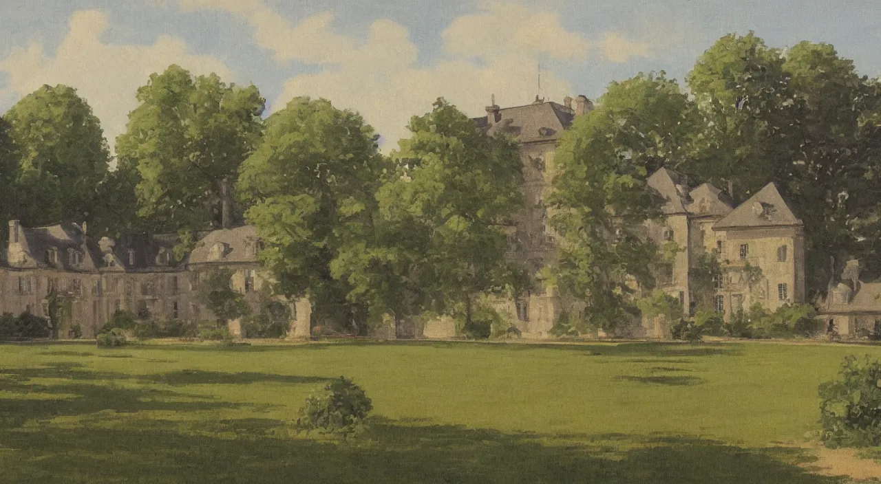 Image similar to a landscape painting of a French manor, with a square and garden, in the style of anime