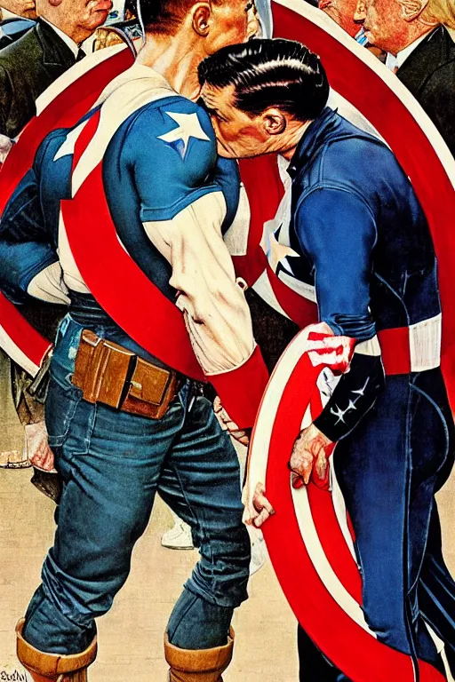 Image similar to norman rockwell painting of captain america kissing donald trump