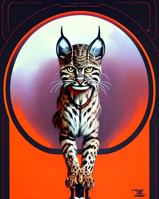 Image similar to male bobcat alien with orange fur and a white t - shirt with a red exclamation mark, full body, art by artgerm and greg rutkowski and alphonse mucha