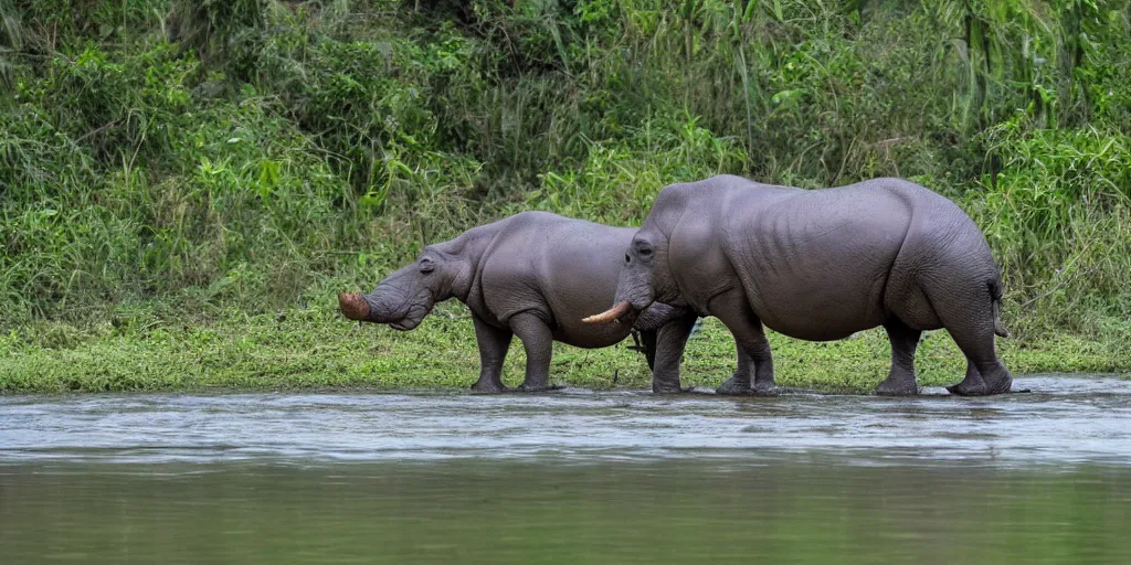 Prompt: a single hippo in a river in the jungle. the hippo has a rhino's horn and an elephant's trunk. extremely high fidelity, natural lighting