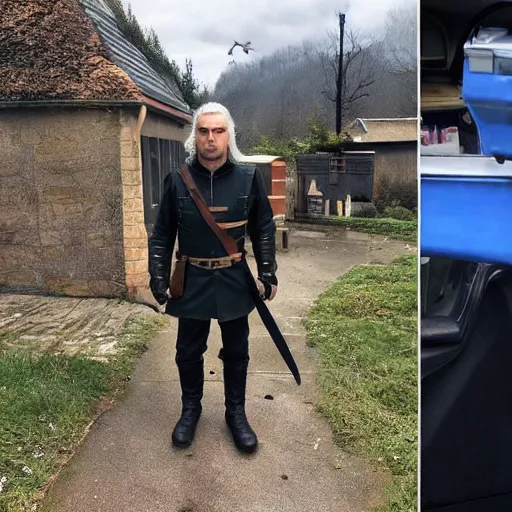 Image similar to real life geralt of rivia working as a postman