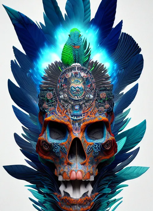 Image similar to 3 d shaman with tattoos profile portrait, sigma 5 0 0 mm f / 5. beautiful intricate highly detailed quetzalcoatl skull and feathers. bioluminescent, plasma, lava, ice, water, wind, creature, thunderstorm! artwork by tooth wu and wlop and beeple and greg rutkowski, 8 k trending on artstation,