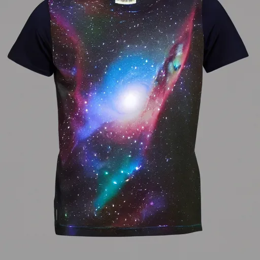 Image similar to photo of a t - shirt with a cool galactic print on the chest in the style of maximalism, product photo