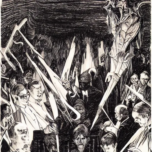 Image similar to funeral march visual rapsody wagner, by Bernie Wrightson, night scene