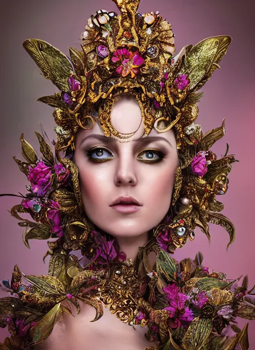 Prompt: expressive full body photo of a female model, ornate headpiece made from flowers, ornaments, glamour shot, by karol bak, by stefan gesell, photorealistic, canon r 3, fashion photography, hyper maximalist, elegant, ornate, luxury, elite, environmental portrait, symmetrical features, octane render, unreal engine