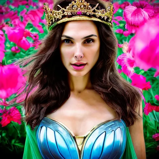 Image similar to fine art photo of the beauty gal gadot, she is posing while maintain a sweet eye contact to the camera, she has a crown of flowers, the photo was taken at sunrise with a bokeh effect, by steve mccurry, photorealistic, matte painting, hyper realistic, 4 k, 8 k, cinematic composition, hd, highly detailed, trending on artstation