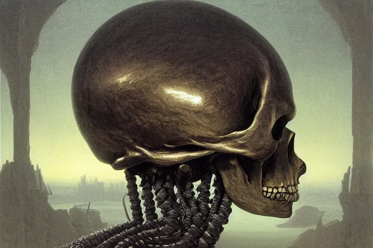 Prompt: intricate, smooth, large metallic skull atop coil of thick pipes, inside a dark room, style by caspar david friedrich and wayne barlowe and ted nasmith.