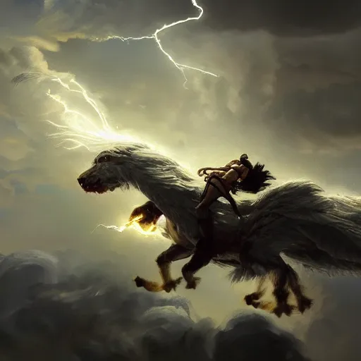 Image similar to an epic painting of Zeus flying on a lighting in thunderclouds by Diego Gisbert Llorens, Zeus flying on a lighting, epic painting, masterpiece, hyperdetailed, artstation, cgsociety, 8k