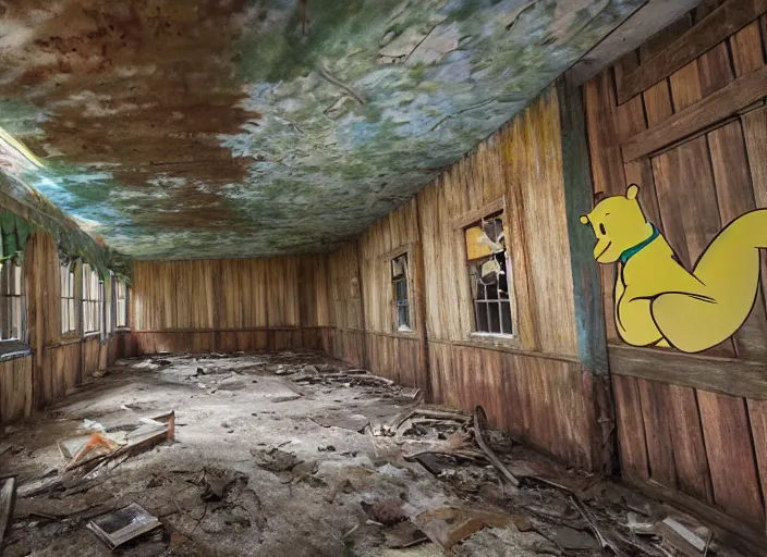 Image similar to the inside of the building for a Winnie the Pooh Disney theme park ride, indoor ride, shut down, abandoned, Florida, out of business building, got shut down, kids place, interior, liminal spaces, backrooms, empty