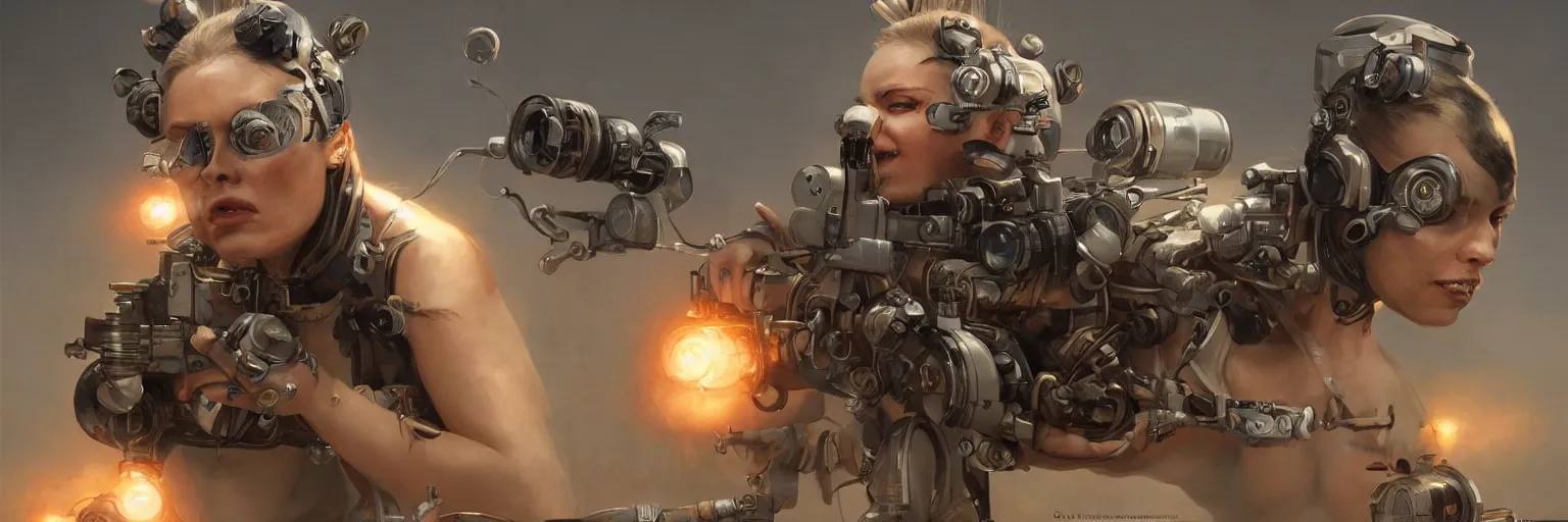 Image similar to tank girl, highly detailed, half human, half cyborg, power augmentation implants, high tech full body transmogrify, low camera angle, pov, beautiful, mesmerising, look of desire, loving stare, battle action shot, digital painting, trending on artstation, concept art, 4 k, sharp focus, illustration, art by greg rutkowski