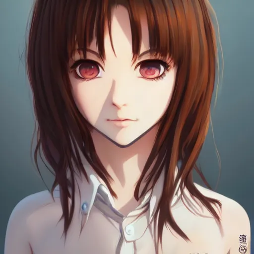 Image similar to character illustration of a brown haired anime girl in the style of ryohei fuke, ilya kuvshinov, concept art, trending, luminecent eyes fine details, realistic shaded lighting, detailed eyes, pretty face