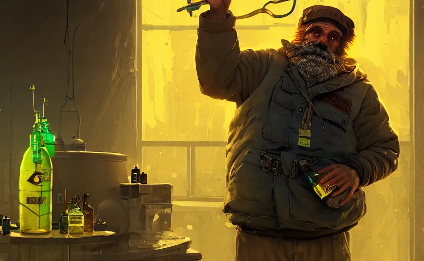 Image similar to hobocop with yellow plastic bag full of bottles from the disco elysium, concept art by aleksander rostov, artstation trending, symmetry, awesome exposition, very detailed, highly accurate, intricate, professional lighting diffracted lightrays, 8 k, sense of awe, gamers magazine cover