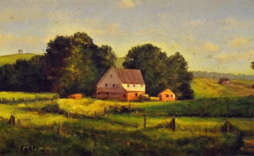 Image similar to oil painting of a beautiful farm in the style of gustave baumann