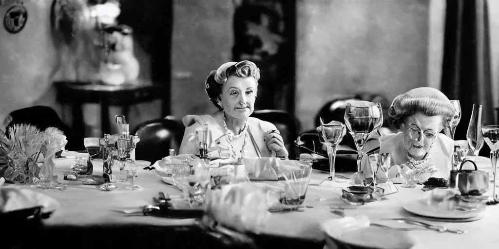 Image similar to close up detailed sharp photograph in the style of popular science circa 1 9 5 5 and gregory crewdson of a 1 9 5 0 s of an elderly woman wearing a mink stole and pearls with a white bouffant hairdo sitting at a banquet table. 1 5 0 mm lens