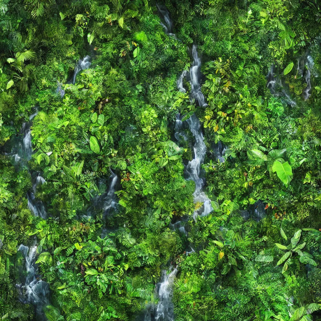 Image similar to a jungle garden in amazon, detailed dreamscape, hyperreal phantastic, drone shot, intricate details in environment, golden ratio, high aestehtic, waterfalls and lakes, cinematic light dramatic light, lightrays, in the style of terrence mallick cinematography, trending on artstation