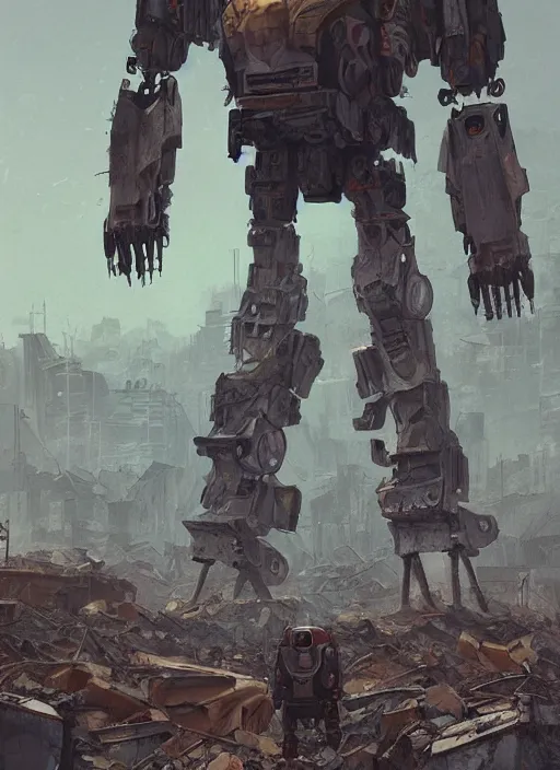 Prompt: A bipedal mech standing among the rubble of a destroyed city, artstation, mecha, military science fiction, digital painting, gritty, 4k, art by Simon Stålenhag