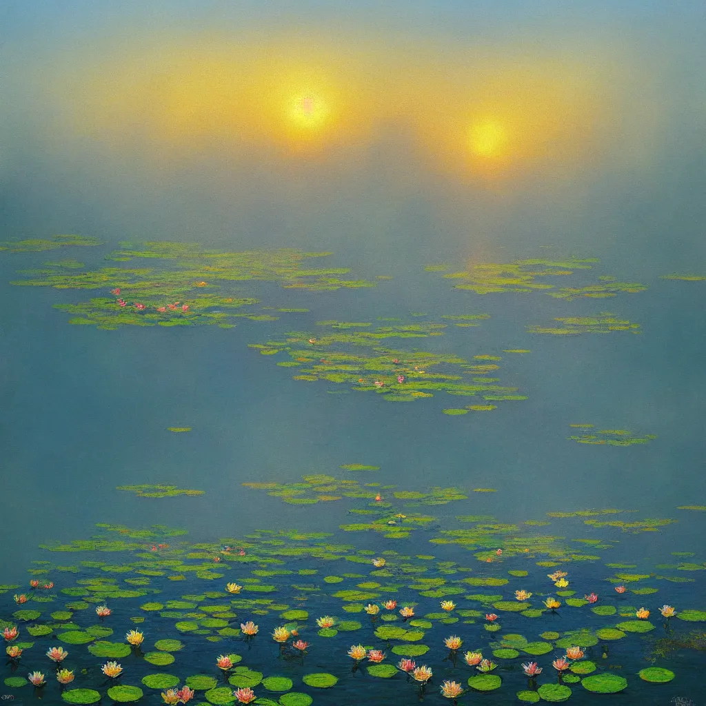 Prompt: impressionism painting of a pond of water lilies on a foggy morning, sun low on horizon through skyscrapers, soft light, misty, hyper detailed