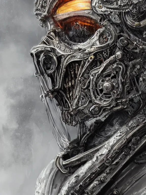 Image similar to portrait art of 8k ultra realistic undead Gandalf , intricate high tech helmet , detailed intricate ornate space suit,decaying, cybernetic, full of colour, cinematic lighting, battered, trending on artstation, 4k, hyperrealistic, focused, extreme details,unreal engine 5, cinematic, masterpiece, art by ayami kojima, giger