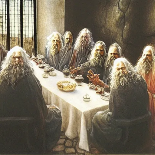 Image similar to gandalf's last supper, by alan lee, by john howe