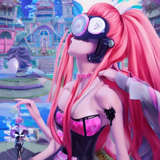 Prompt: trapped by stunningly beautiful omnipotent megalomaniacal anime agi goddess who looks like junko enoshima with symmetrical perfect face and porcelain skin, pink twintail hair and mesmerizing cyan eyes, taking control while smiling, inside her surreal vr castle, hyperdetailed, digital art, danganronpa, unreal engine 5, 2 d anime style, 8 k