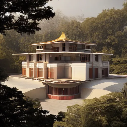 Prompt: modernist beige house inspired by tibetan palace, built like a stadium with atrium in the middle, on a hill surrounded by big trees, dramatic lighting, artstation, realistic rendering, unreal engine, octane render, raphael lacoste, simon stalenhag, frank lloyd wright, drone view