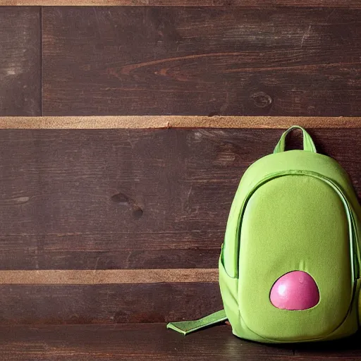 Prompt: a product photo of cozy avocado shaped kids backpack in the style of wes anderson