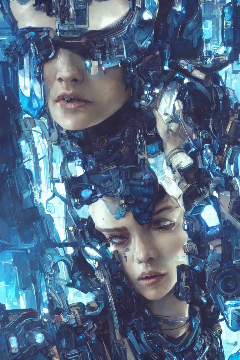 Prompt: a hyper detailed painting of a cyberpunk TV, blue tones, highly detailed, digital painting, artstation, concept art, smooth, sharp focus, illustration, art by artgerm and greg rutkowski and alphonse mucha