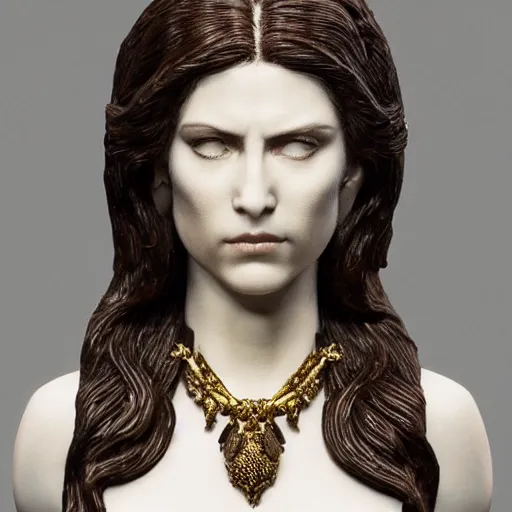 Image similar to photo taken of an epic intricate, ultra detailed, super realistic bust of a majestic gracious regal aristocratic brunette female vampire created by weta workshop, menacing, some zoomed in shots, photorealistic, sharp focus, white wall, extremely cold blueish colour temperature, 3 5 mm, f 1. 4, golden ratio