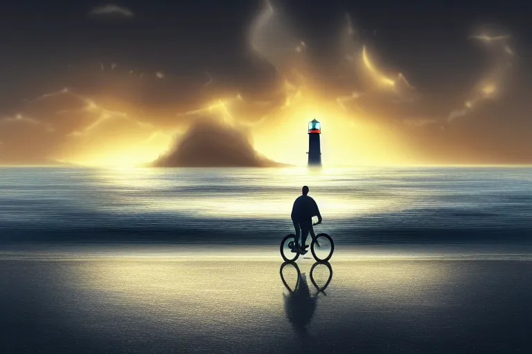 Prompt: photo of man riding a bicycle along the beach, glowing underwater toward a lighthouse in the distance guiding his way, silhouette, wide horizon, large white clouds, night, intricate, elegant, highly detailed, digital painting, artstation, concept art, smooth, sharp focus, illustration, art by artgerm and greg rutkowski and fra angelico