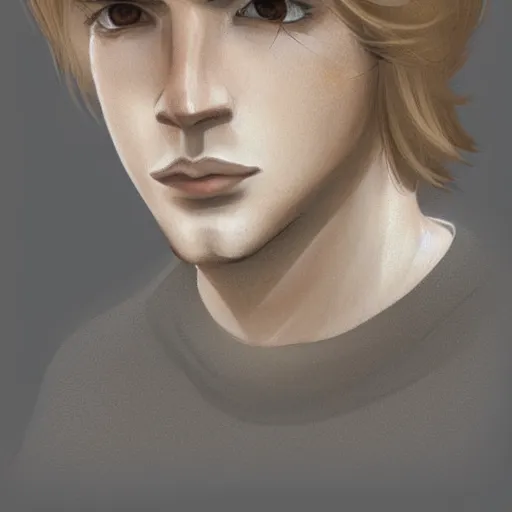 Image similar to a young blond man with long hair wearing a brown shirt, clean shaved, a character portrait by lydia field emmet, trending on cg society, photorealism, wiccan, handsome, ilya kuvshinov