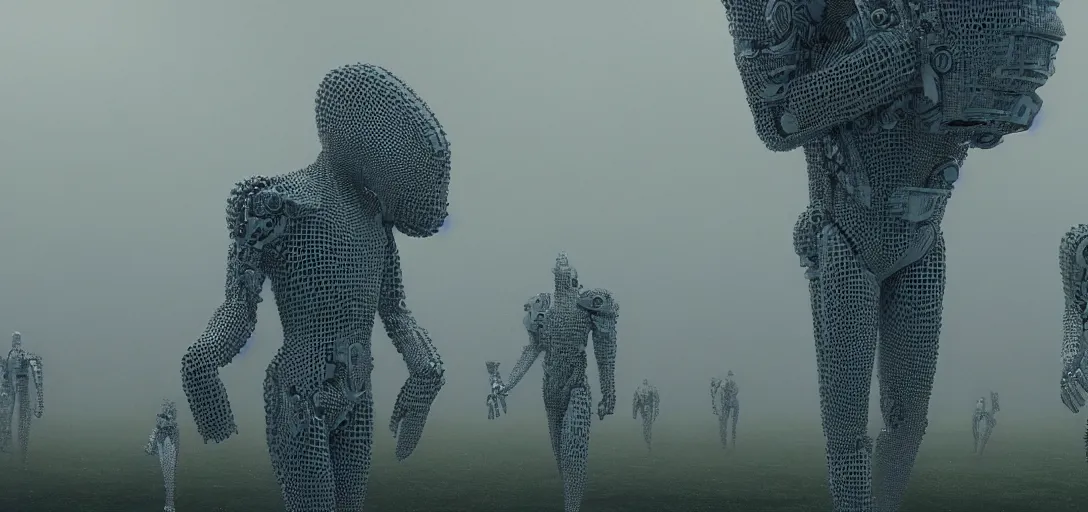 Image similar to a complex organic fractal 3 d metallic symbiotic ceramic humanoid megastructure creature in a suburban neighborhood, foggy, cinematic shot, photo still from movie by denis villeneuve, wayne barlowe