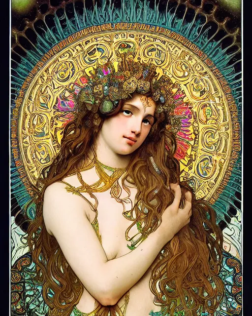 Image similar to portrait of a beatiful young goddess with intricate jellyfish headdress, dark background, intricate hyper detailed art by ernst haeckel and alphonse mucha,