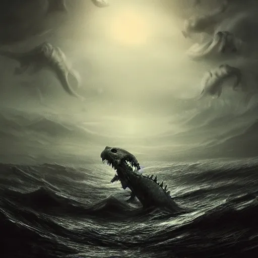Prompt: Scary sea monster, ominous photo, mystery, horror, by Guillermo del toro, trending on artstation, HDR, 8k