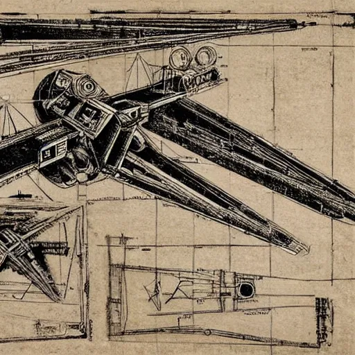 Image similar to x-wing fighter, hyperdetailed, schematic drawing by Leonardo Da Vinci