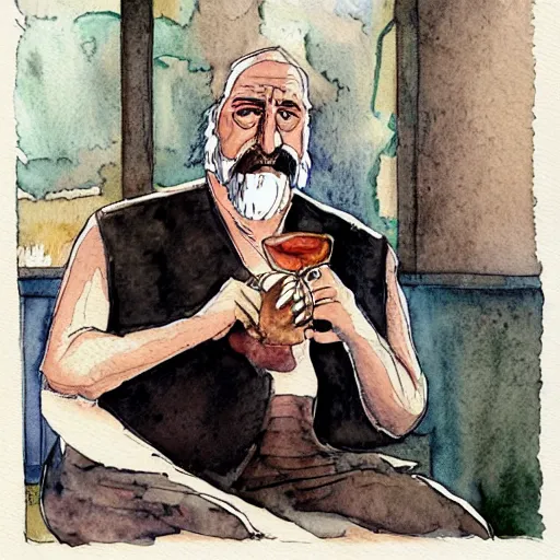 Prompt: watercolor ink painting of an man sitting, the dude from the big lebowski magician closes his eyes, in the style of jean giraud, 8 k, highly detailed