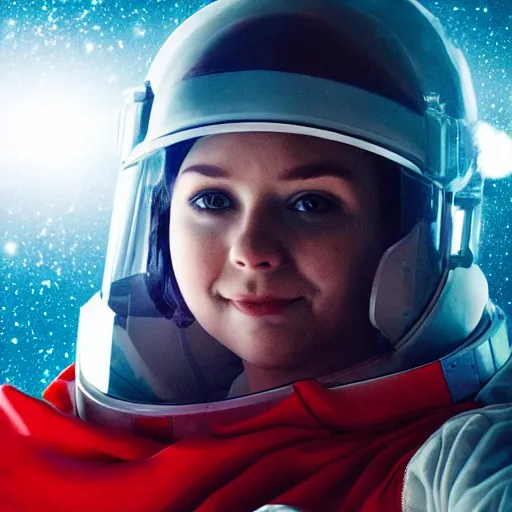 Image similar to a young female space cadet wearing blood-spattered glossy sleek white dinged scuffed armor and a long torn red cape, spacewalk, weightlessness, frost damage, background of stars, elegant, battle weary, no helmet, dramatic lighting, cinematic, sci-fi, hyperrealistic, detailed