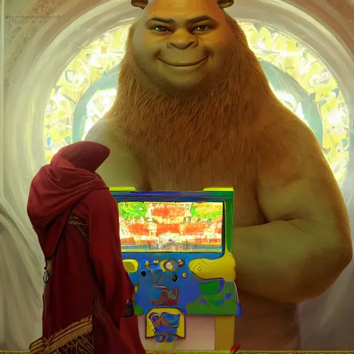Image similar to moroccan shrek plays arcade game with vladimir putin, highly detailed, digital painting, artstation, concept art, smooth, sharp focus, illustration, art by artgerm and greg rutkowski and alphonse mucha