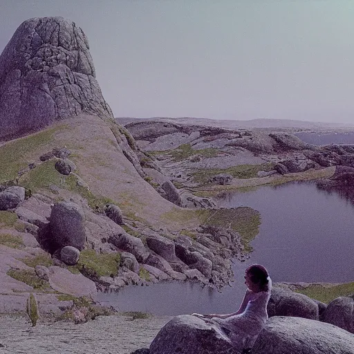 Image similar to still from the music video for the song the woman and the stone ( 1 9 8 4 ) by andreas vollenweider, photorealistic and intricate, 8 k hdr, cinematic lighting