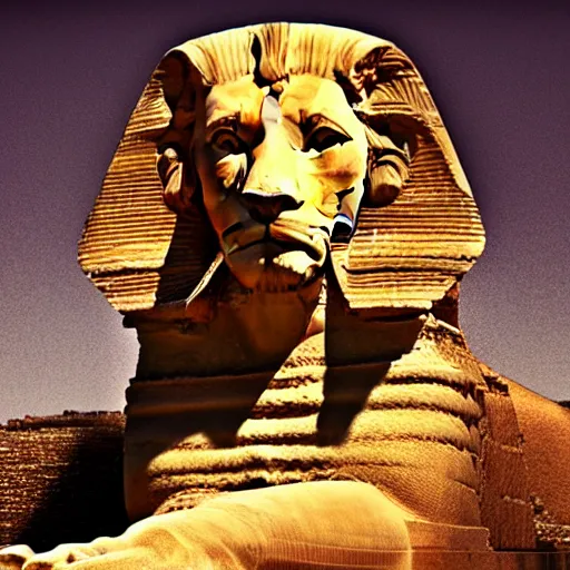 Image similar to Professional studio photograph of a real lion, posing in the same pose as the statue The Great Sphinx of Giza. Full body shot, studio lighting, neutral background, subject in sharp focus, great contrast, rich and saturated colors, high resolution (8k).