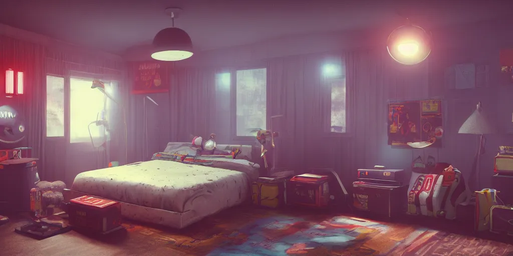 Prompt: An 80's bedroom, by Kung Fury, by Ready Player One, digital art, volumetric lighting, rendered by Octane, highly realistic, 4k wallpaper, trending on Artstation