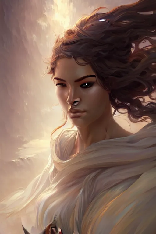 Prompt: Portrait of high fantasy wind elemental, upper body, intricate, graceful, misty, highly detailed, digital painting, artstation, concept art, smooth, sharp focus, illustration, art by artgerm and Marc Simonetti and alphonse mucha