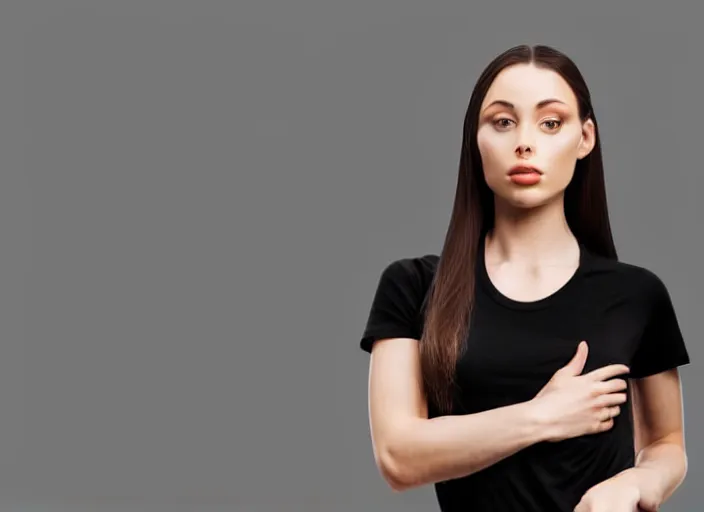 Prompt: clear photorealistic mockup product photograph of a blank black tshirt on an attractive female model in front of a living room background